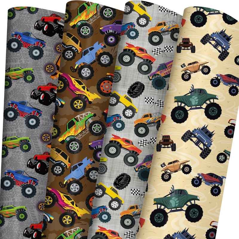 Cuitpan Monster Trucks Wrapping Paper for Kids Birthday Baby Shower - Gift Wrap with Monster Trucks, Checkered Flag Designs - 20 x 29 Inches, 8 Folded Sheets, Recycled… - Image 1